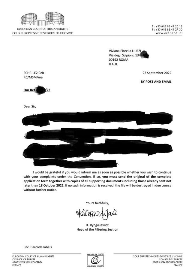 Comunicazione inviata in teoria dalla Corte Europea dei diritti dell'Uomo segnalazione ottobre 2022 Comunicazione inviata in teoria dalla Corte Europea dei diritti dell'Uomo segnalazione ottobre 2022