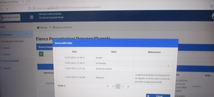 Portale dei depositi penali messaggio RESPINTO deve essere depositato su apposito portale