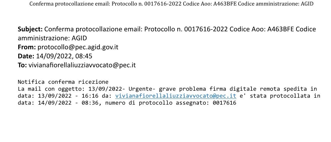 Protocollazione effettuata dall'AgID relativa a PEC inviata dall'Avvocato Viviana Fiorella Liuzzi Protocollazione effettuata dall'AgID relativa a PEC inviata dall'Avvocato Viviana Fiorella Liuzzi