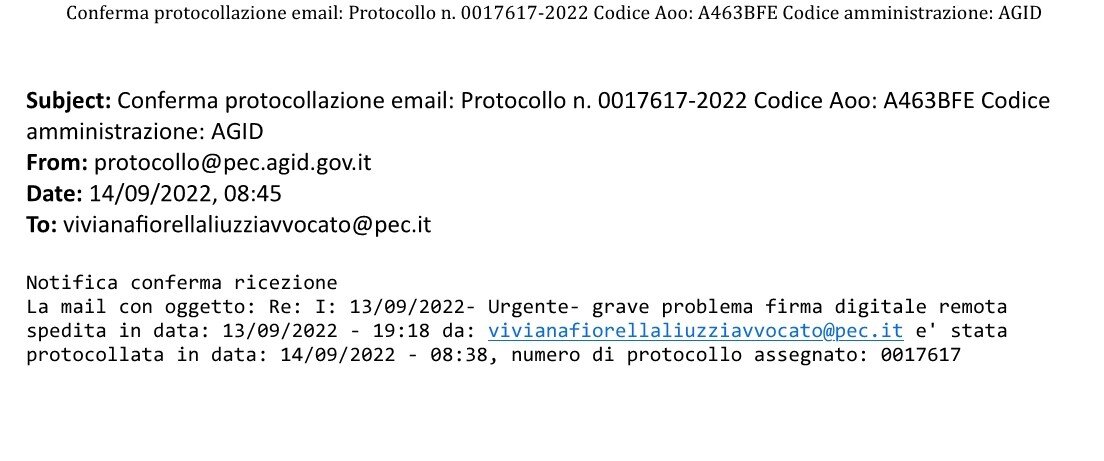 Protocollazione effettuata dall'AgID relativa a PEC inviata dall'Avvocato Viviana Fiorella Liuzzi Protocollazione effettuata dall'AgID relativa a PEC inviata dall'Avvocato Viviana Fiorella Liuzzi